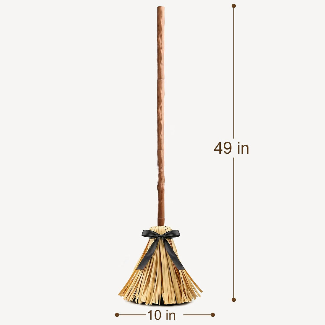 Floating witch broom dimensions: 49 inches tall, 10 inch bristle spread