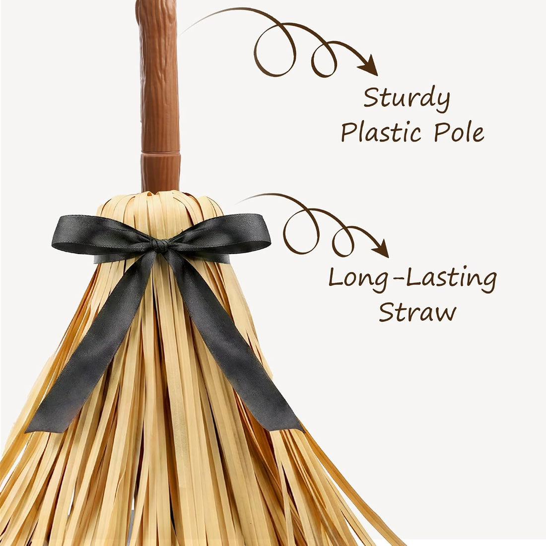 Sturdy textured plastic broomstick and long-lasting straw head