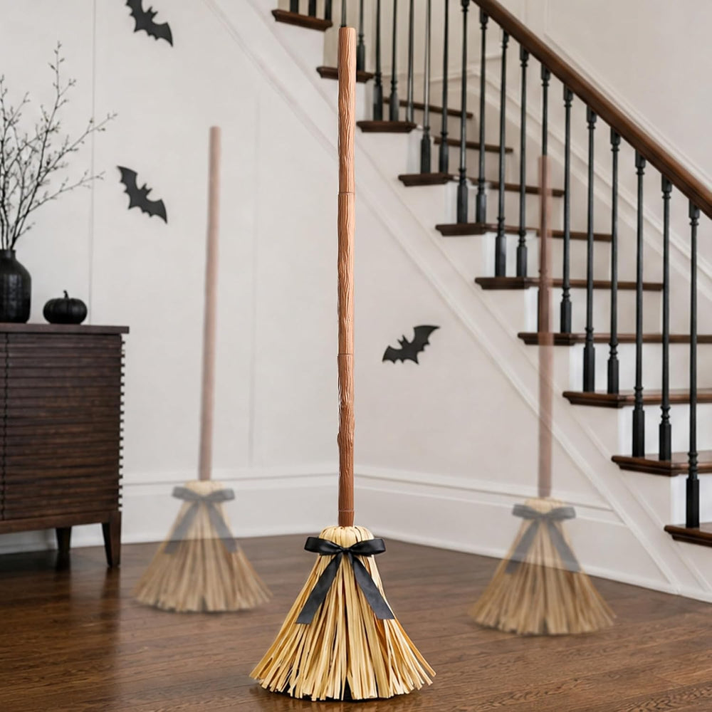 Animated floating witch broom moving across a hallway floor at Halloween