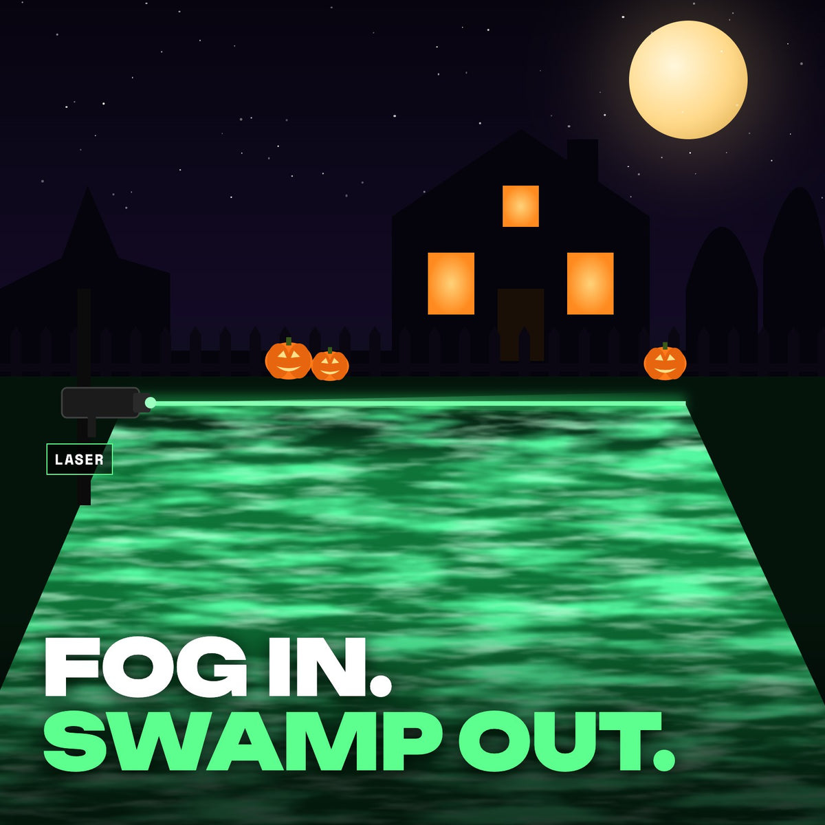 Laser swamp light turning fog into a glowing green swamp