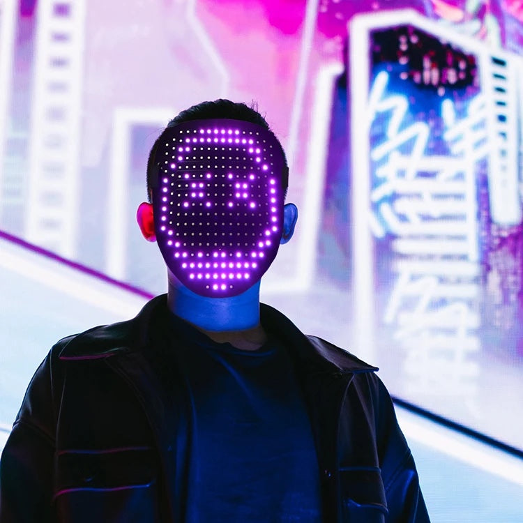 Gesture LED mask glowing purple, worn at night